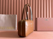 BEAU TOP HANDLE BAG 29 IN TAWNY BROWN GLOSSY CALFSKIN