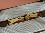 MIUMIU 25S BEAU CANVAS BAG 34 IN BEIGE CANVAS AND BROWN CALFSKIN