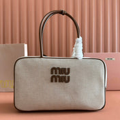 MIUMIU 25S BEAU CANVAS BAG 34 IN BEIGE CANVAS AND BROWN CALFSKIN