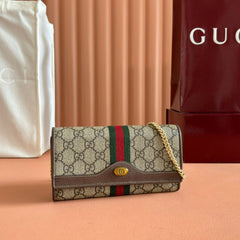 OPHIDIA WALLET ON CHAIN 19 IN BEIGE AND DARK BROWN COATED FABRIC AND BROWN CALFSKIN TRIM