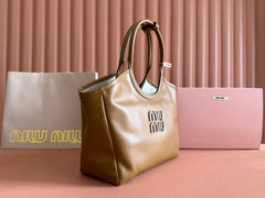 MIUHOBO TOTE 28 IN BROWN CALFSKIN FABRIC LINING GOLD LOCK