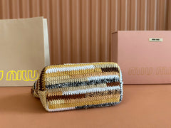 CROCHET SHOULDER BAG 25.5 NATURAL COLOUR-BLOCK WOOL WITH BROWN STRAP CALFSKIN