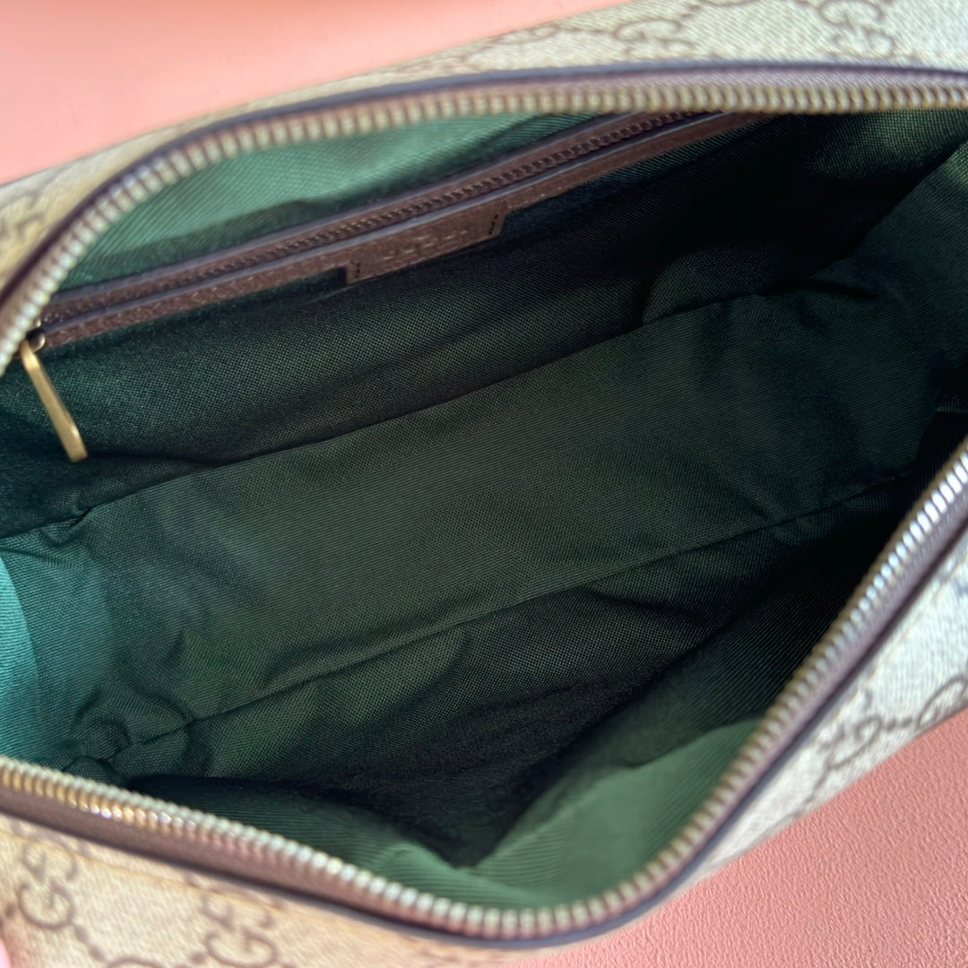 GUCCI 25S OPHIDIA CROSSBODY BAG 28 IN BEIGE CANVAS AND BROWN CALFSKIN