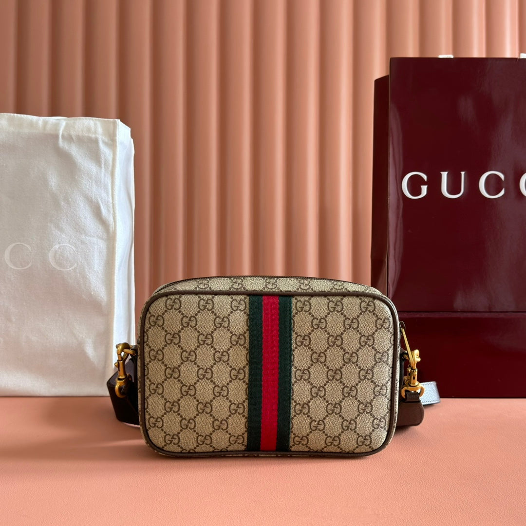 GUCCI 26S OPHIDIA CROSSBODY BAG 24 IN BROWN AND DARK BEIGE CANVAS