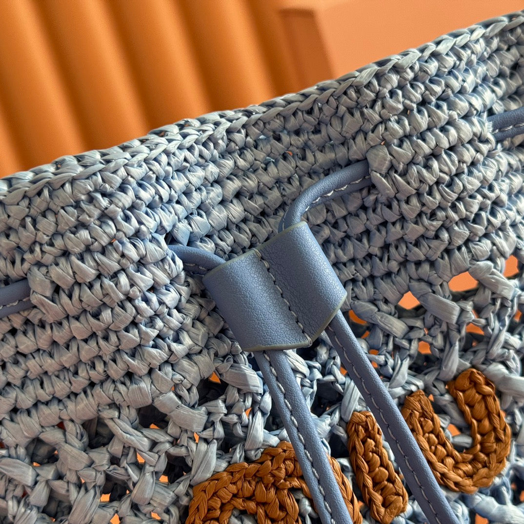 MIUMIU 26S WANDER BUCKET BAG 23 IN BLUE RAFFIA WITH LEATHER TRIM