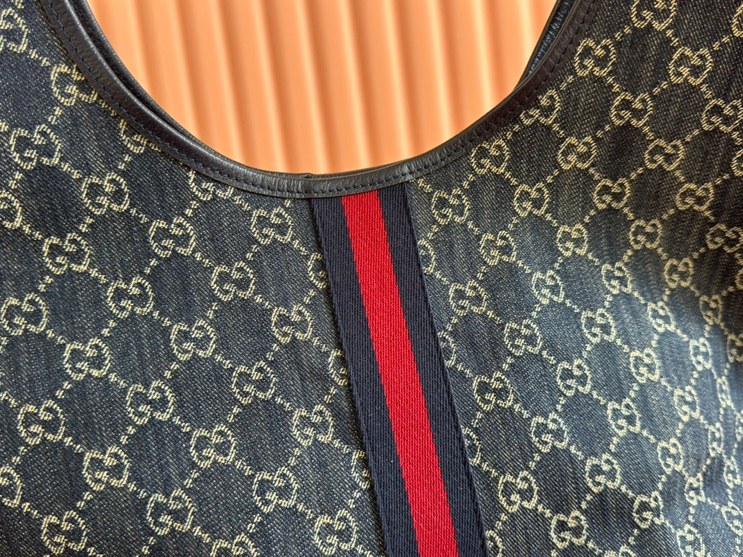 GUCCI 25S GIGLIO LARGE TOTE BAG 50 IN BLUE AND WHITE DENIM