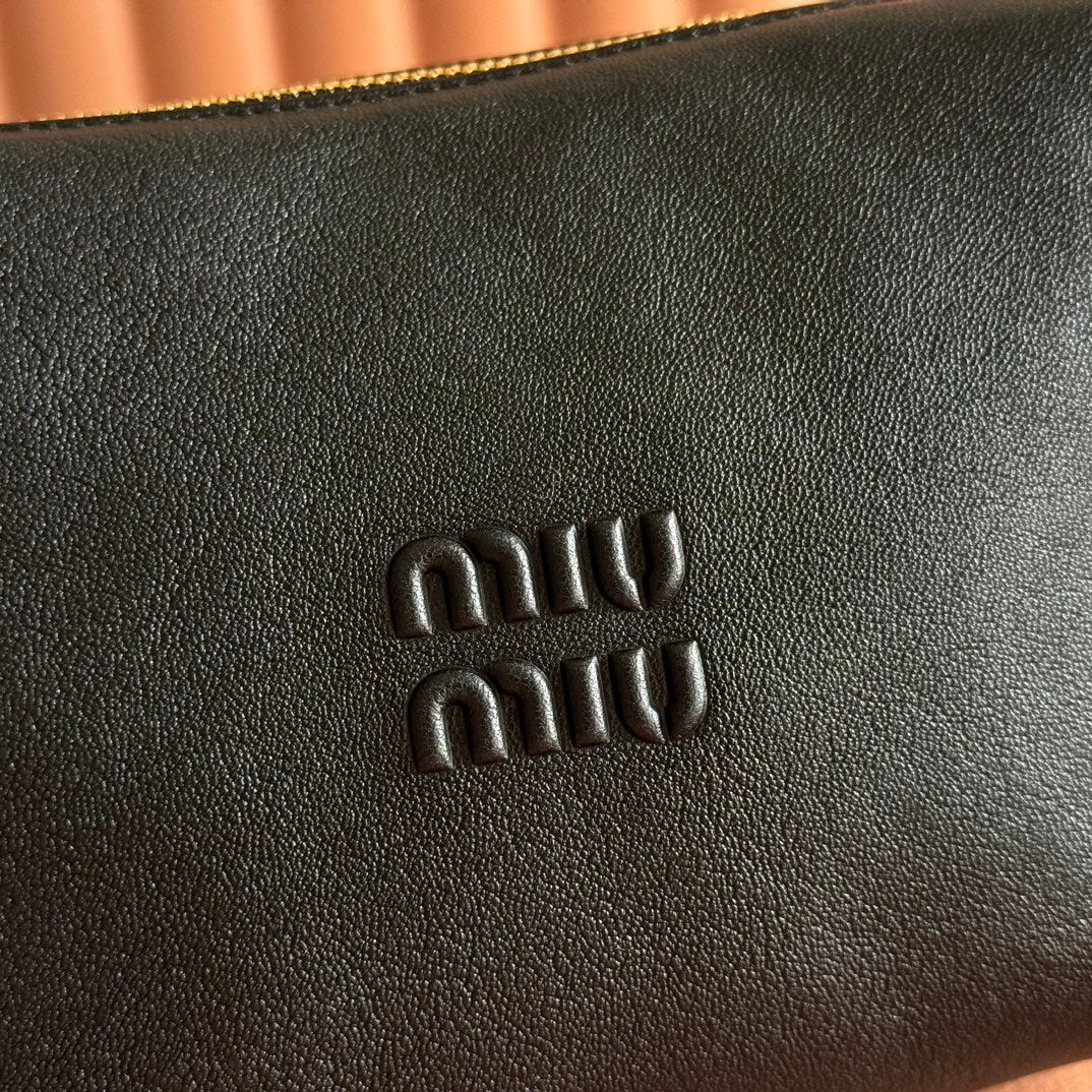 MIUMIU 26S CORDUROY POUCH BAG 25 IN BLACK CALFSKIN GOLD HARDWARE