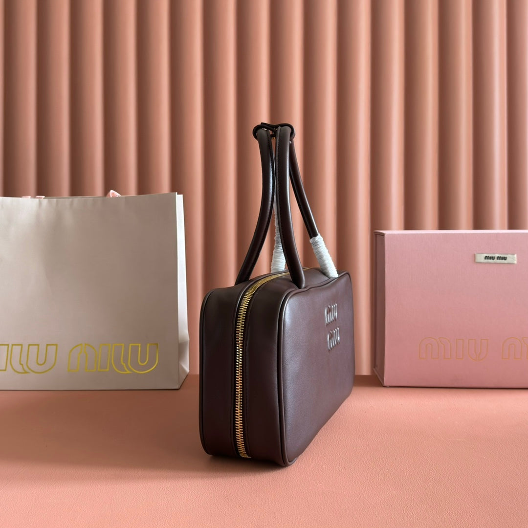 MIUMIU 26S BEAU TOP HANDLE BAG 29 IN DARK BROWN CALFSKIN GOLD HARDWARE