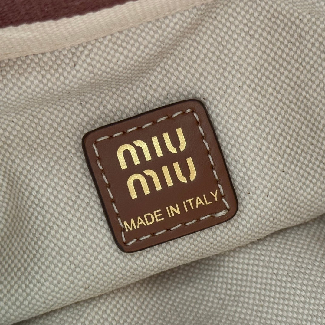 MIUMIU 26S BUCKET BAG 23 IN CREAM AND BROWN CANVAS GOLD HARDWARE