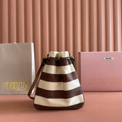 MIUMIU 26S BUCKET BAG 23 IN CREAM AND BROWN CANVAS GOLD HARDWARE