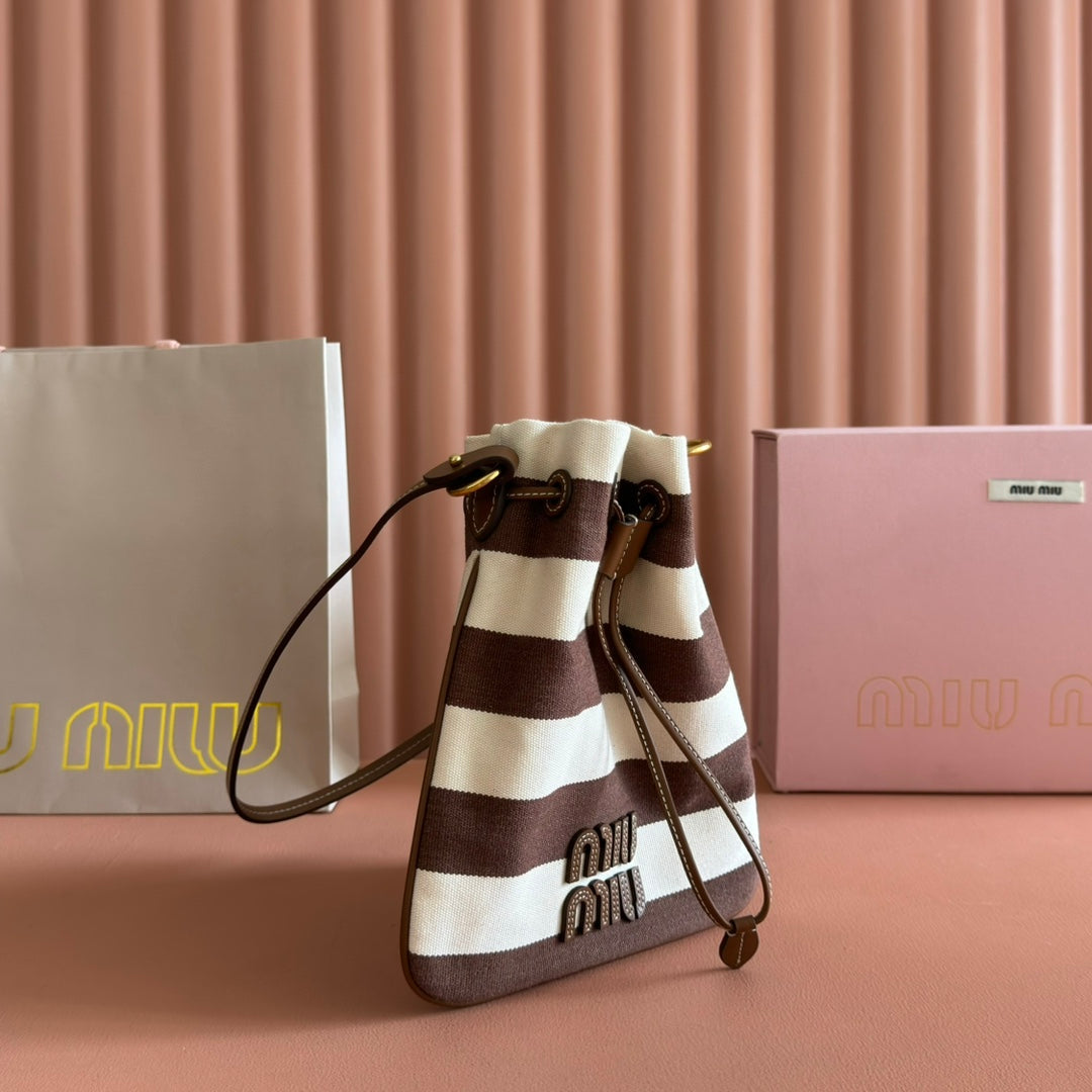 MIUMIU 26S BUCKET BAG 23 IN CREAM AND BROWN CANVAS GOLD HARDWARE