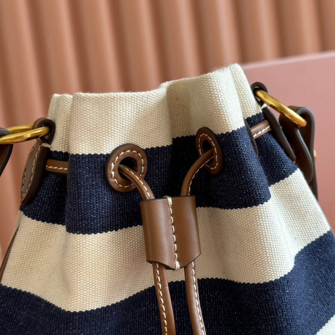 MIUMIU 26S BUCKET BAG 23 IN CREAM AND NAVY BLUE CANVAS GOLD HARDWARE