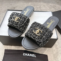 PLATFORM SLIPPERS LOGO IN BLACK TWEED AND LAMBSKIN