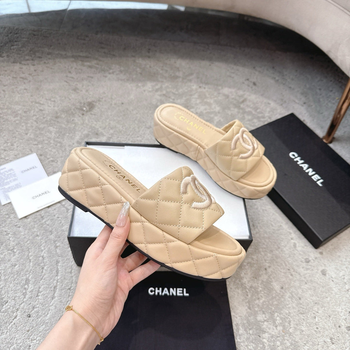 WEDGE HEELS IN BEIGE CALFSKIN QUILTED