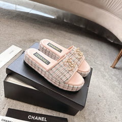 PLASTFORM HEELS IN LIGHT PINK TWEED AND CALFSKIN