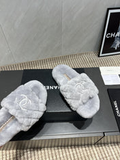 CHANEL 25S SLIPPERS IN LIGHT GRAY FUR