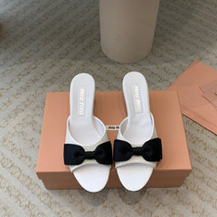 White Mid - Heels With Black Bow Calfskin