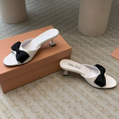 White Mid - Heels With Black Bow Calfskin