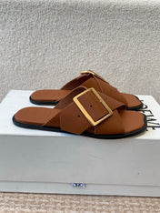 PETAL BELT FLAT SANDAL IN BRONZE BROWN CALFSKIN