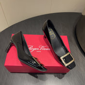 ROGER VIVIER 25S BELLE VIVIER PUMPS 70MM IN BLACK CALFSKIN GOLD BUCKLE