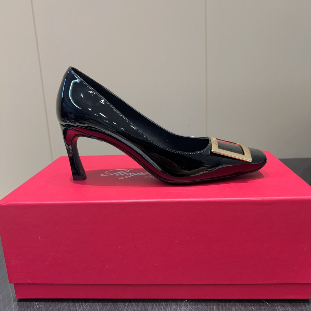 ROGER VIVIER 25S BELLE VIVIER PUMPS 70MM IN BLACK CALFSKIN GOLD BUCKLE