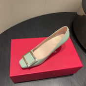ROGER VIVIER 25S BELLE VIVIER PUMPS 70MM IN PALE MINT GREEN CALFSKIN GOLD BUCKLE