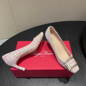 ROGER VIVIER 25S TROMPETTE SQUARE TOE HIGH HEELS 70MM IN PINK TWEED