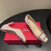 ROGER VIVIER 25S TROMPETTE SQUARE TOE HIGH HEELS 70MM IN PINK TWEED