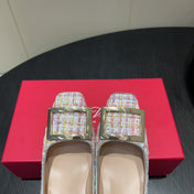 ROGER VIVIER 25S TROMPETTE SQUARE TOE HIGH HEELS 70MM IN PINK TWEED
