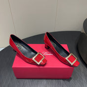 ROGER VIVIER 25S BELLE VIVIER PUMPS 45MM IN CRIMSON RED CALFSKIN GOLD BUCKLE