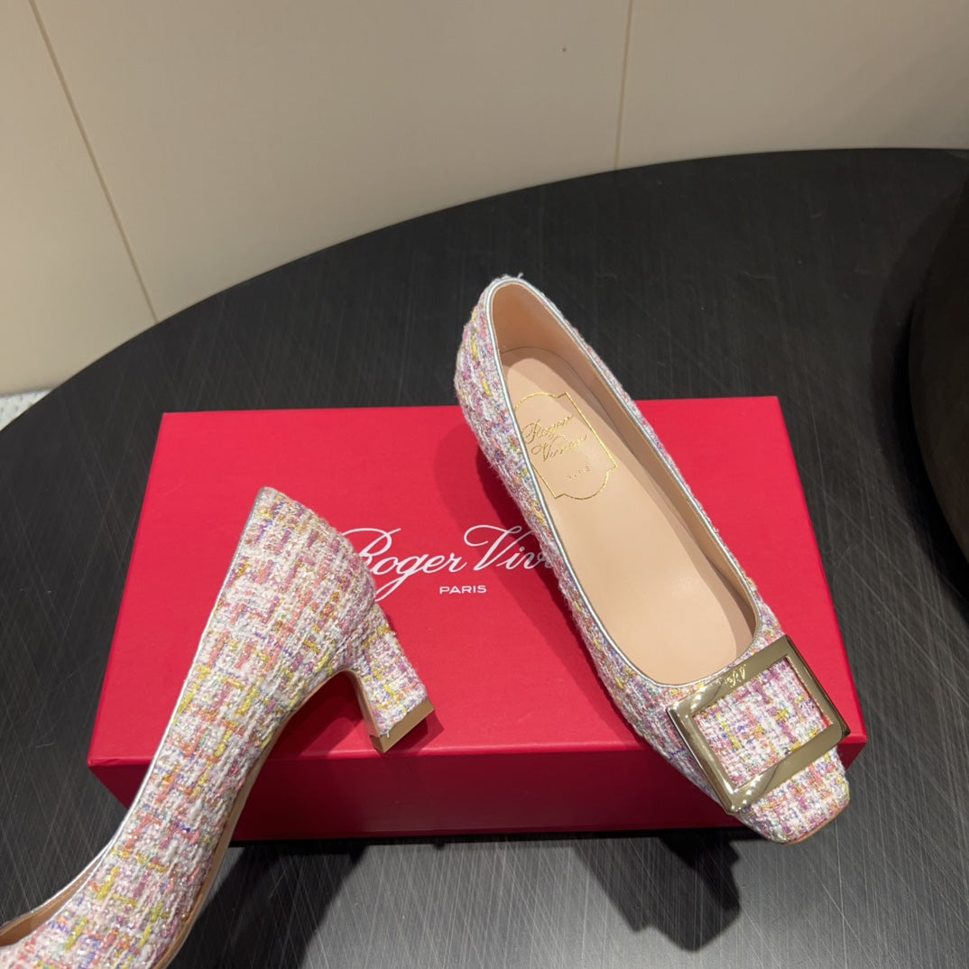 ROGER VIVIER 25S TROMPETTE SQUARE TOE HIGH HEELS 45MM IN PINK TWEED