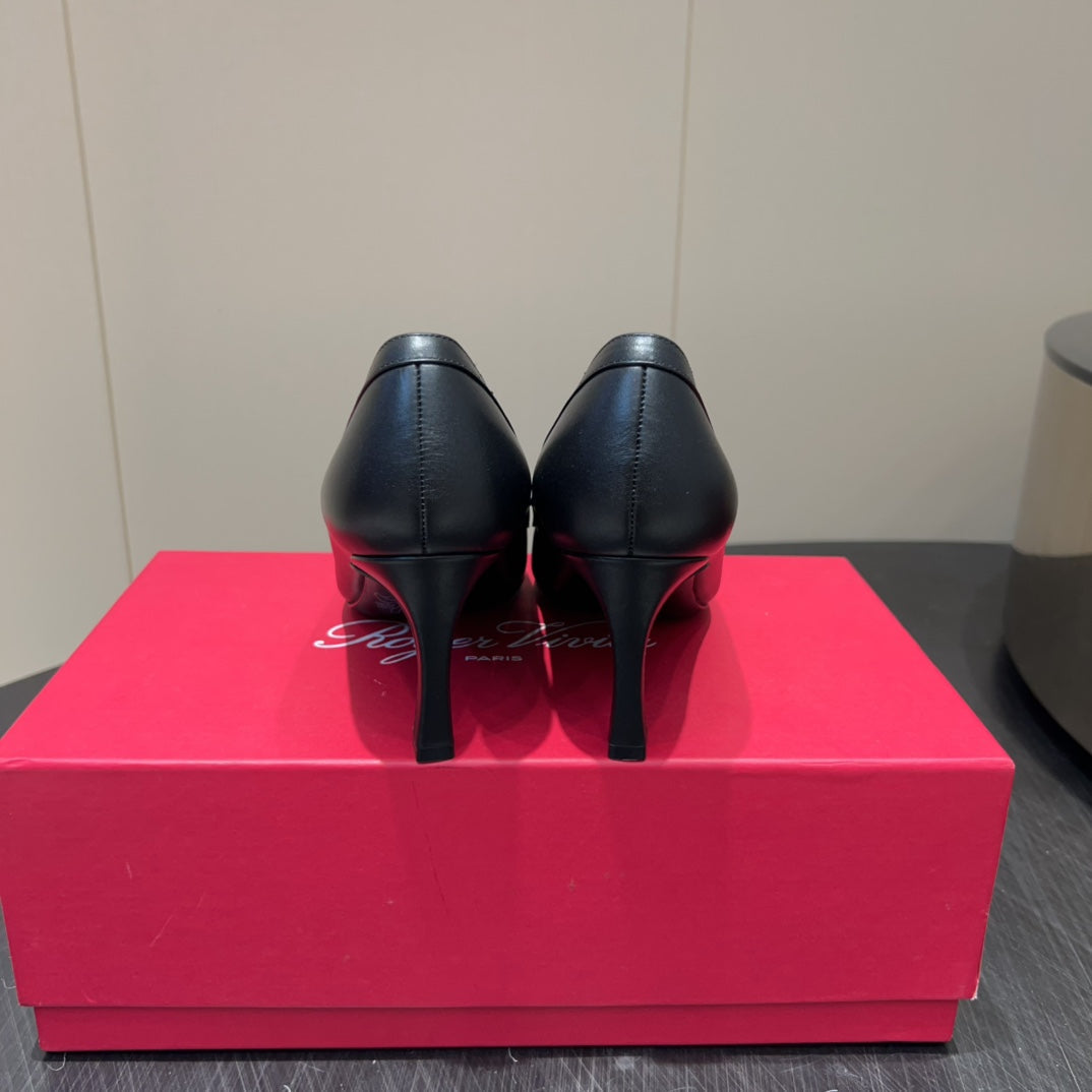 ROGER VIVIER 25S TROMPETTE SQUARE TOE HIGH HEELS 70MM IN BLACK SHINY CALFSKIN