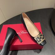 ROGER VIVIER 25S TROMPETTE SQUARE TOE HIGH HEELS 70MM IN BLACK SHINY CALFSKIN