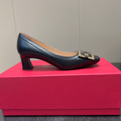 ROGER VIVIER 25S TROMPETTE SQUARE TOE HIGH HEELS 45MM IN BLACK SHINY CALFSKIN