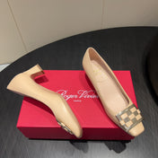 ROGER VIVIER 25S TROMPETTE SQUARE TOE HIGH HEELS 45MM IN NUDE SHINY CALFSKIN