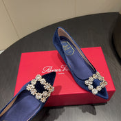 ROGER VIVIER 25S POINTED TOE HIGH HEELS 70MM IN DARK BLUE VELVET EMBELLISHED CRYSTALS