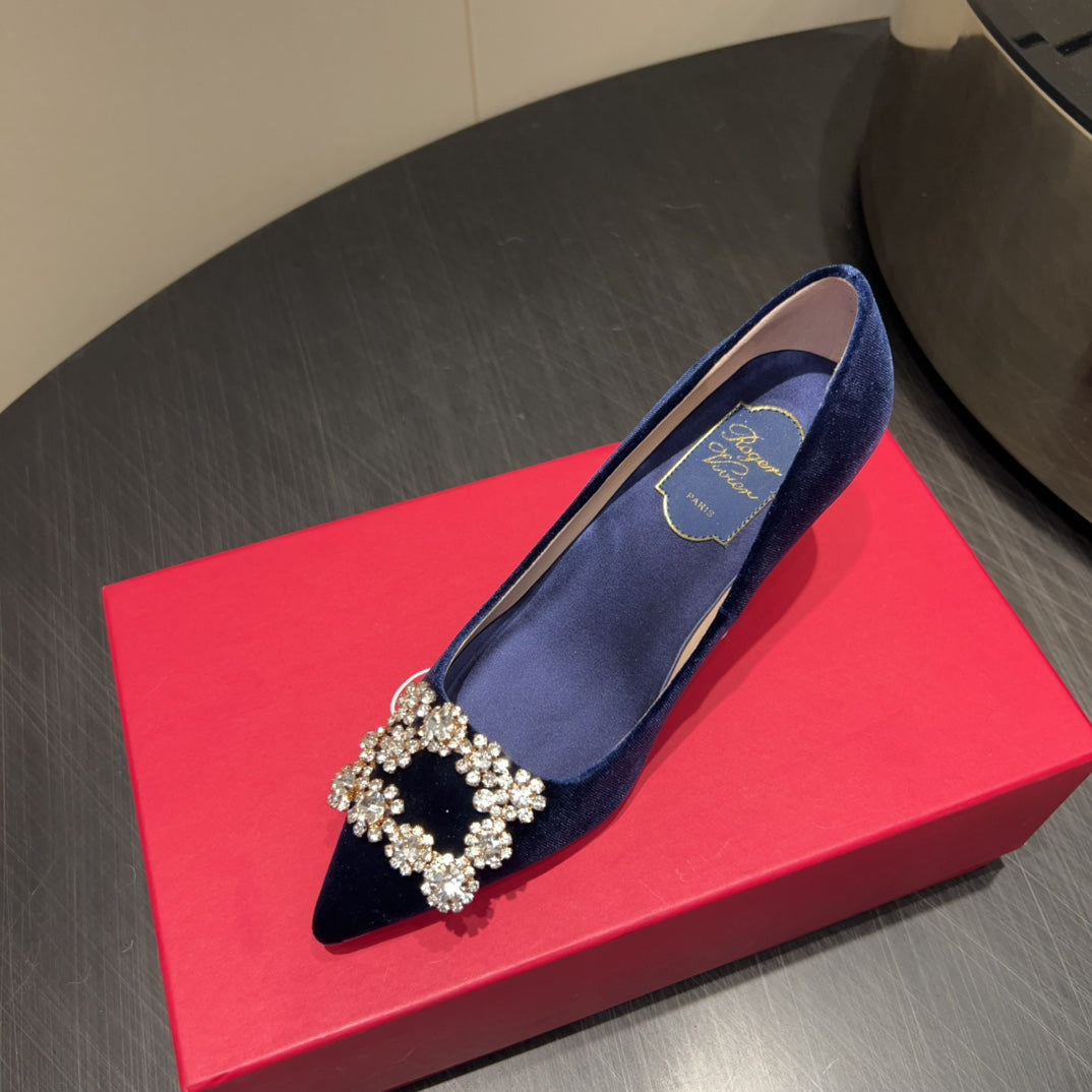 ROGER VIVIER 25S POINTED TOE HIGH HEELS 70MM IN DARK BLUE VELVET EMBELLISHED CRYSTALS