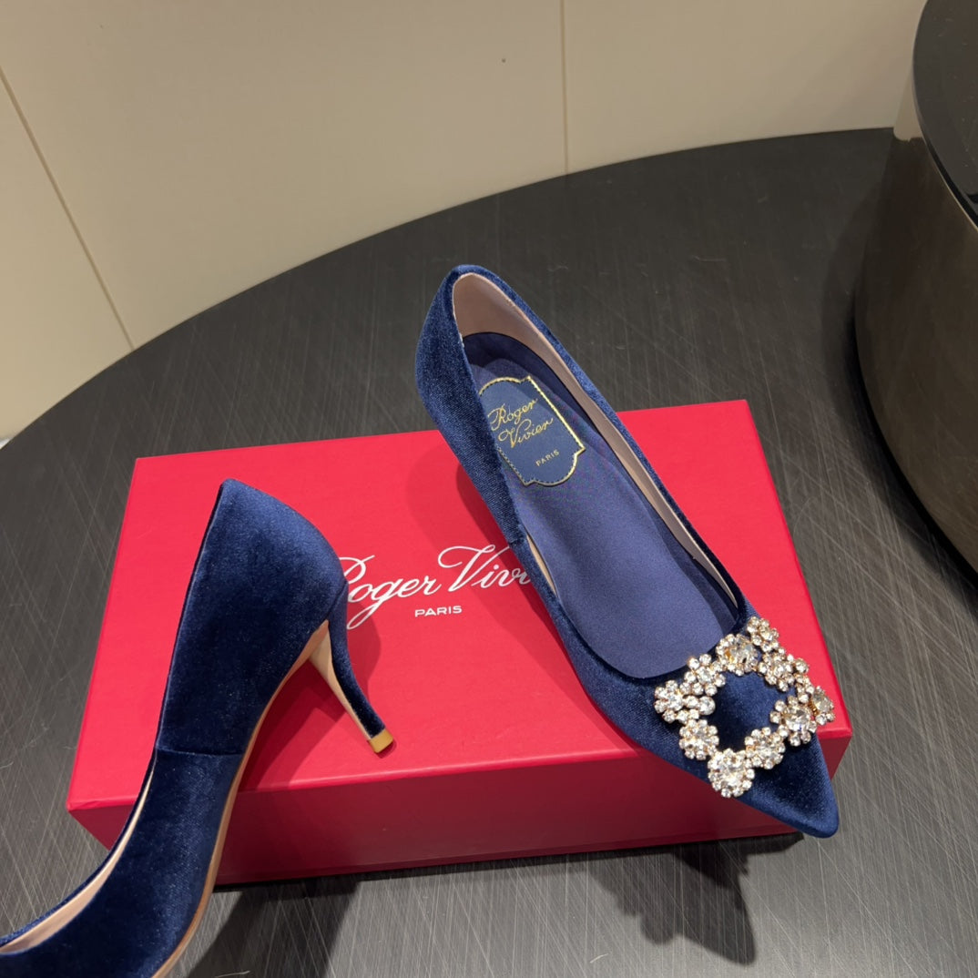ROGER VIVIER 25S POINTED TOE HIGH HEELS 70MM IN DARK BLUE VELVET EMBELLISHED CRYSTALS