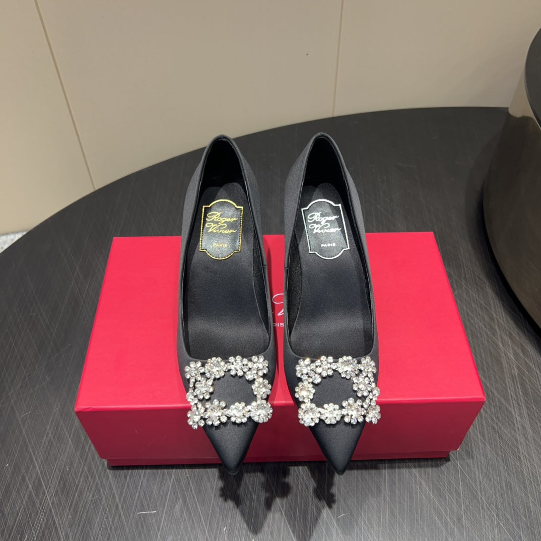 ROGER VIVIER 25S POINTED TOE HIGH HEELS 70MM IN BLACK SILK EMBELLISHED CRYSTALS