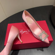 ROGER VIVIER 25S POINTED TOE HIGH HEELS 70MM IN BABY PINK SILK EMBELLISHED CRYSTALS