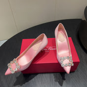 ROGER VIVIER 25S POINTED TOE HIGH HEELS 70MM IN BABY PINK SILK EMBELLISHED CRYSTALS