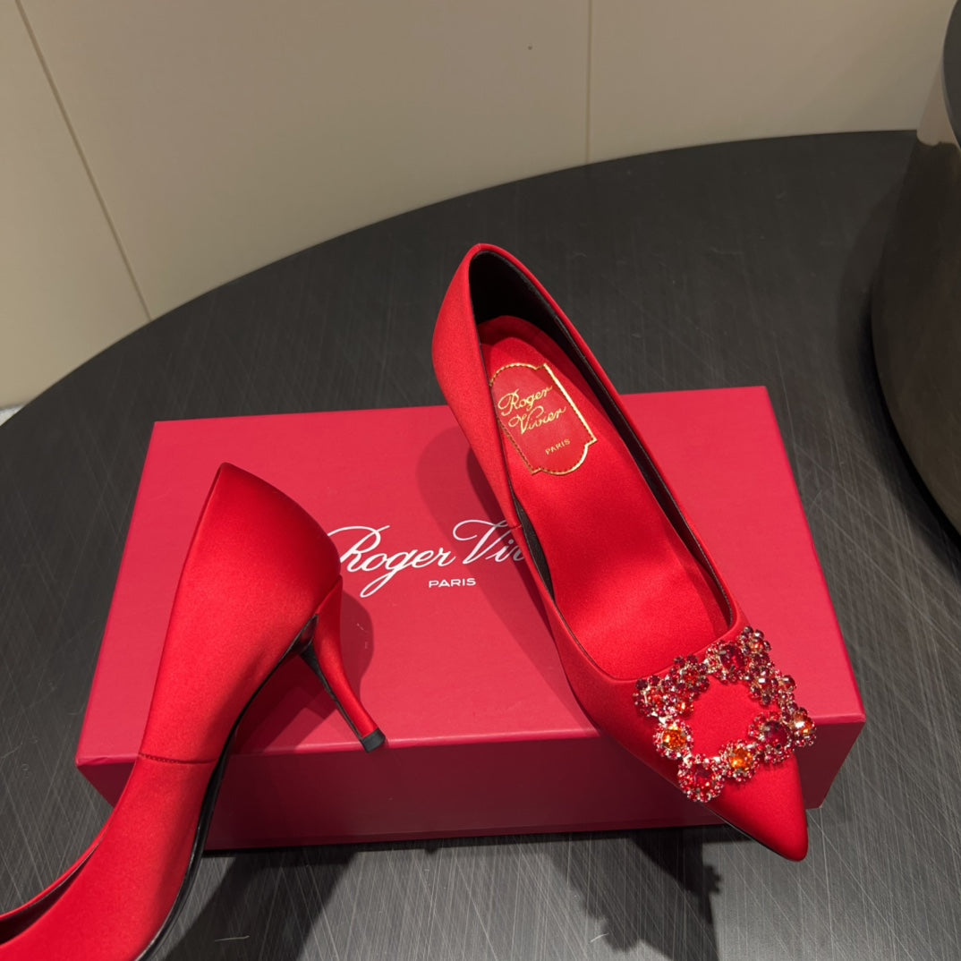 ROGER VIVIER 25S POINTED TOE HIGH HEELS 70MM IN BRIGHT RED SILK EMBELLISHED CRYSTALS