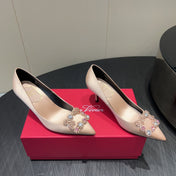 ROGER VIVIER 25S POINTED TOE HIGH HEELS 70MM IN DARK NUDE SILK EMBELLISHED CRYSTALS