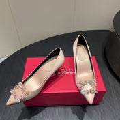 ROGER VIVIER 25S POINTED TOE HIGH HEELS 70MM IN DARK NUDE SILK EMBELLISHED CRYSTALS