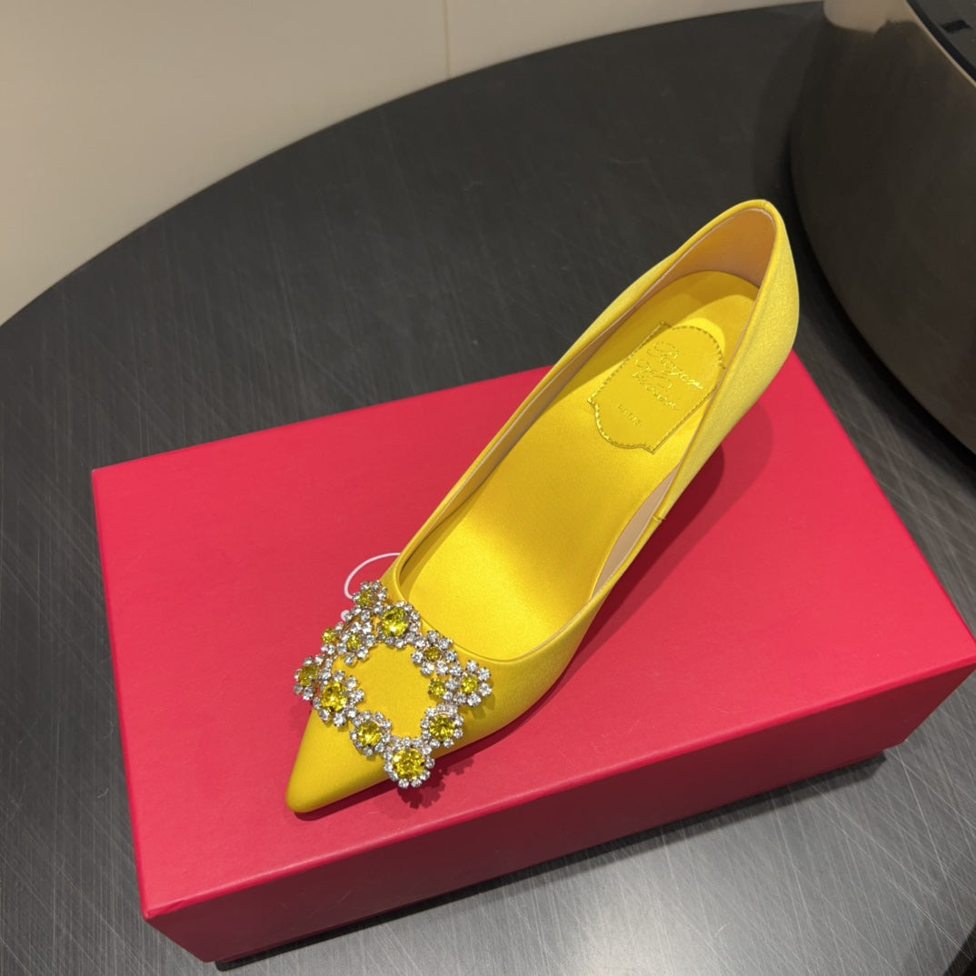 ROGER VIVIER 25S POINTED TOE HIGH HEELS 70MM IN BRIGHT YELLOW SILK EMBELLISHED CRYSTALS