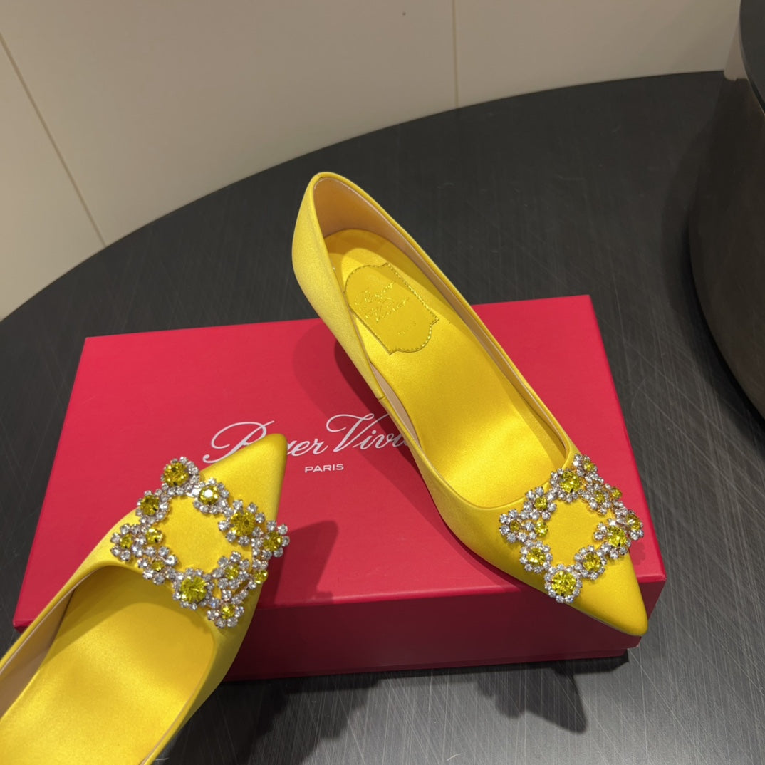 ROGER VIVIER 25S POINTED TOE HIGH HEELS 70MM IN BRIGHT YELLOW SILK EMBELLISHED CRYSTALS