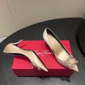 ROGER VIVIER 25S POINTED TOE HIGH HEELS 70MM IN NUDE SILK EMBELLISHED CRYSTALS