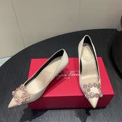 ROGER VIVIER 25S POINTED TOE HIGH HEELS 70MM IN NUDE SILK EMBELLISHED CRYSTALS