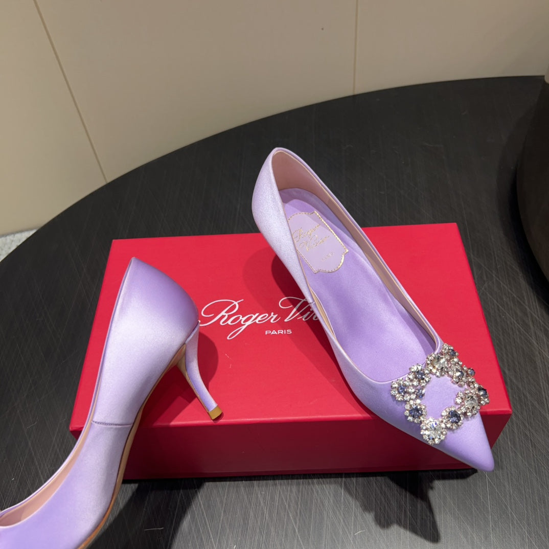 ROGER VIVIER 25S POINTED TOE HIGH HEELS 70MM IN LAVENDER SILK EMBELLISHED CRYSTALS
