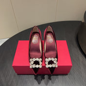 ROGER VIVIER 25S POINTED TOE HIGH HEELS 70MM IN WINE RED VELVET EMBELLISHED CRYSTALS